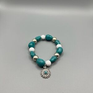 Turquoise and White Beaded Bracelet with Silver Charm - Handmade #B0346T